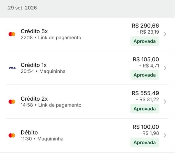 Lista de vendas de 29 de setembro de 2026: quatro vendas aprovadas no cartão, de R$ 100 a R$ 555,49